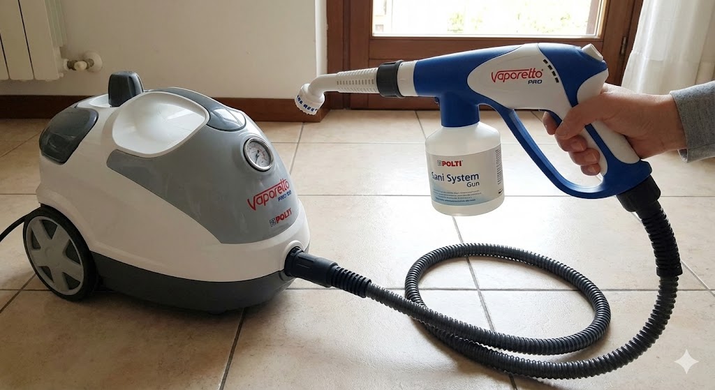 Un nettoyeur vapeur Polti Vaporetto Pro 100 gris et blanc est relié par un tuyau flexible à un pistolet Sani System Gun bleu et blanc
