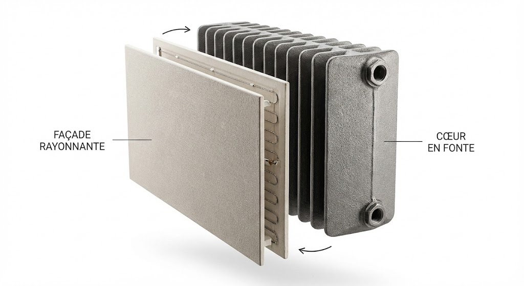 Vue éclatée radiateur double corps de chauffe fonte façade rayonnante