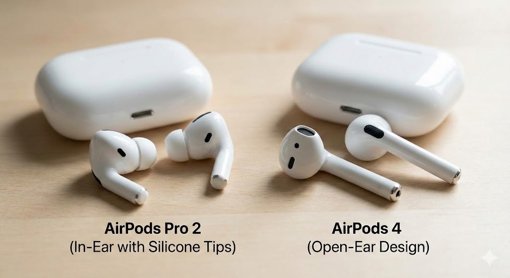 AirPods Pro 2 vs AirPods 4 comparaison design embouts silicone format ouvert