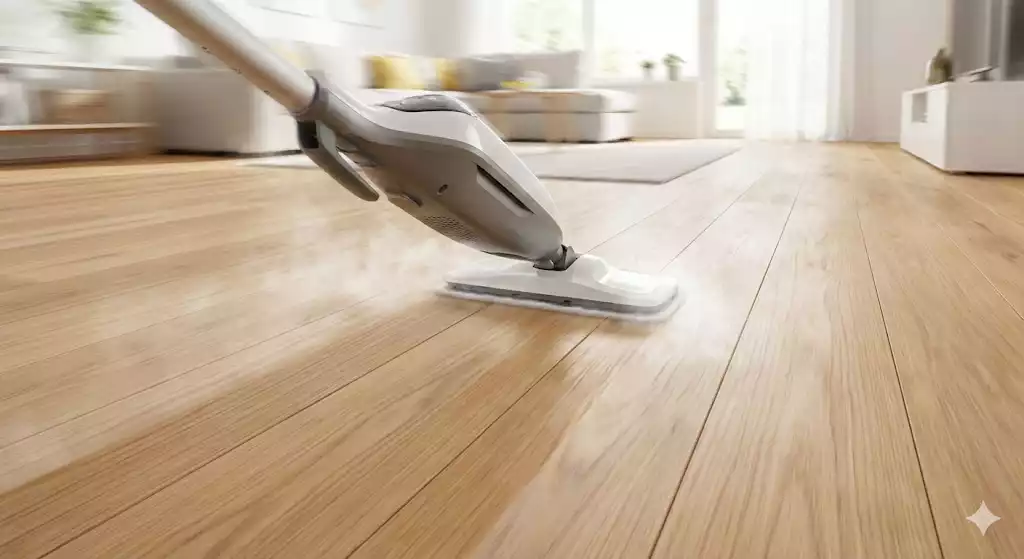 un balai vapeur blanc et gris passant rapidement sur un sol en parquet de chêne clair. La tête du balai émet de la vapeur et le mouvement suit la direction des lames de bois. Le salon en arrière-plan est flouté par la vitesse.