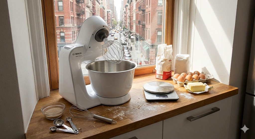 Robot pâtissier Bosch MUM Serie 2 blanc sur plan de travail étroit de cuisine urbaine avec balance et ingrédients