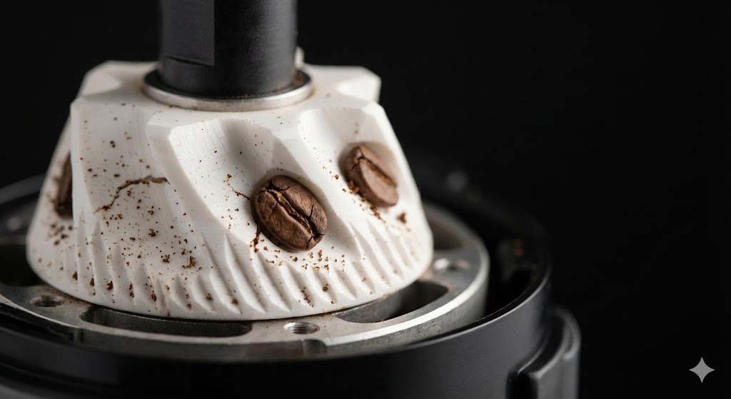 Vue macro des meules céramiques d'un broyeur de cafétière automatique avec grains de café