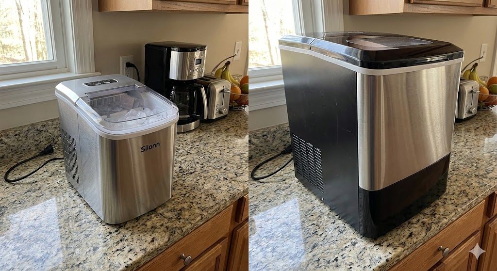 Comparaison taille machine à glaçons compacte vs standard sur plan de travail