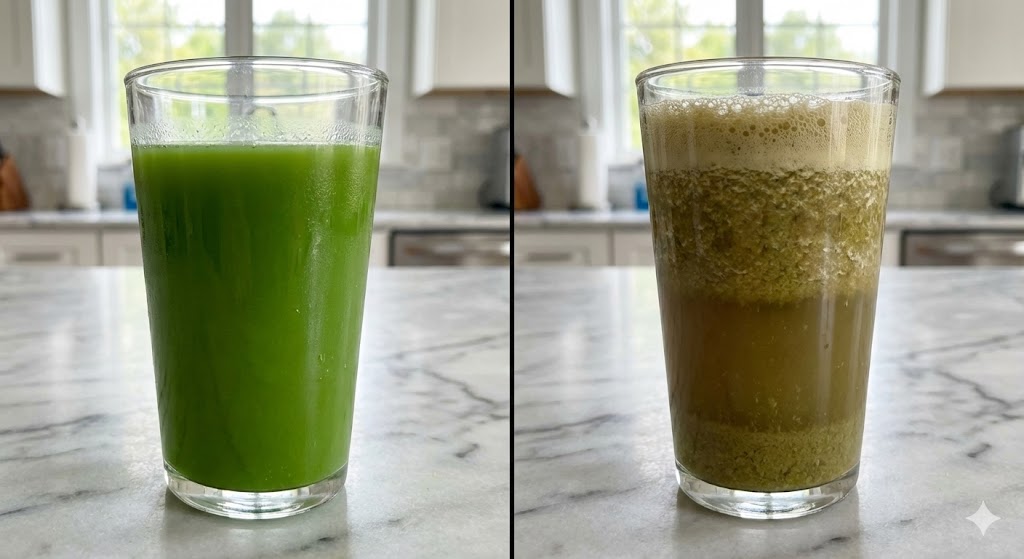 Verre de jus de céleri vert vif texture lisse comparé à un jus marron séparé