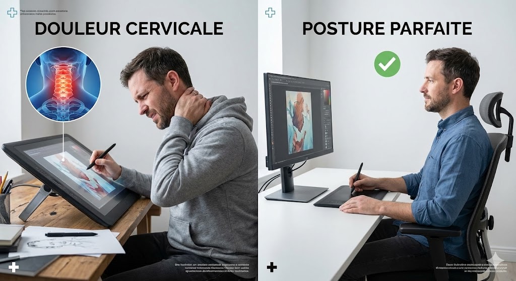 Comparaison côte à côte : dos courbé sur écran interactif vs dos droit avec tablette opaque