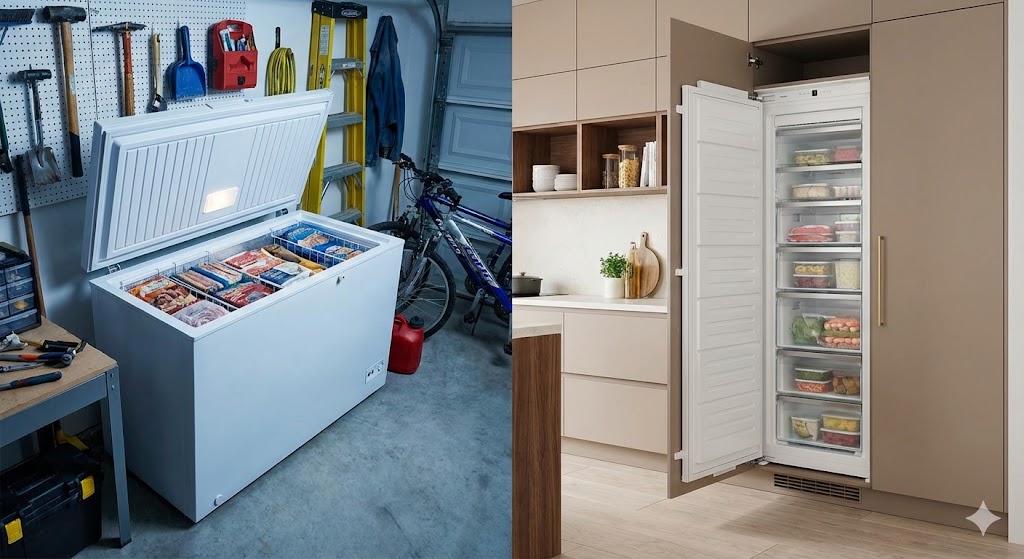 Vue comparative congélateur coffre ouvert garage et armoire intégrée cuisine