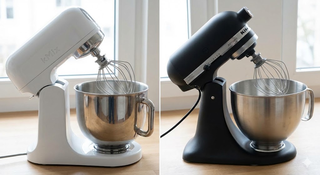 Comparaison côte à côte du Kenwood kMix blanc et du KitchenAid Artisan noir avec fouets ballons montés