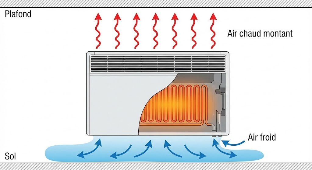Schéma convecteur électrique flux air chaud plafond air froid sol
