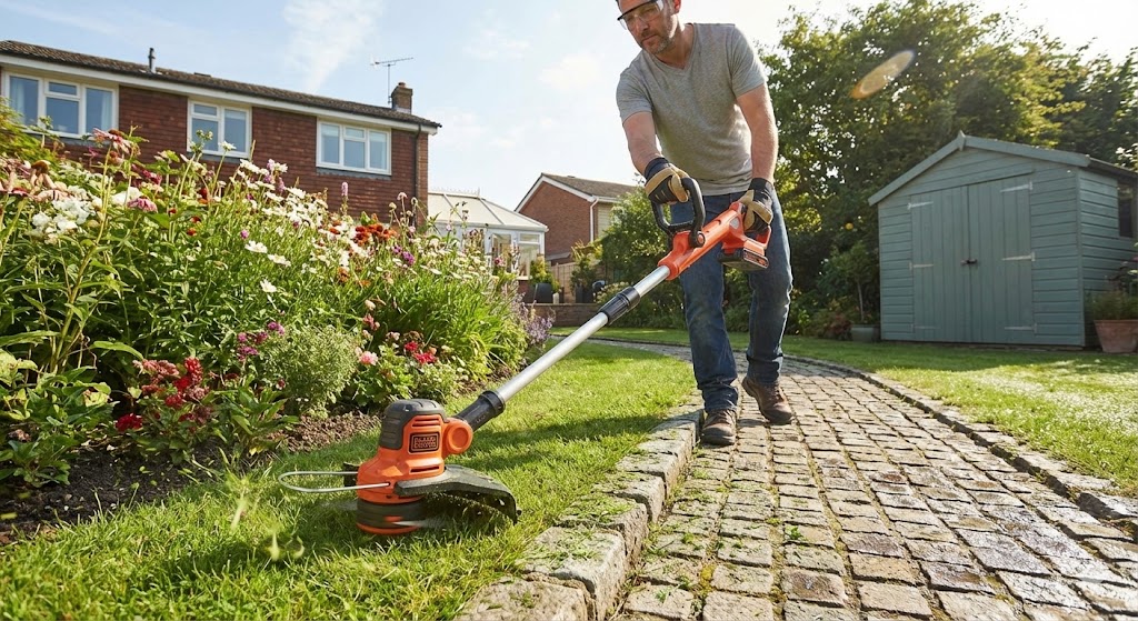 Coupe-bordure Black & Decker GLC3630L20 utilisé le long d'une bordure de jardin pavée