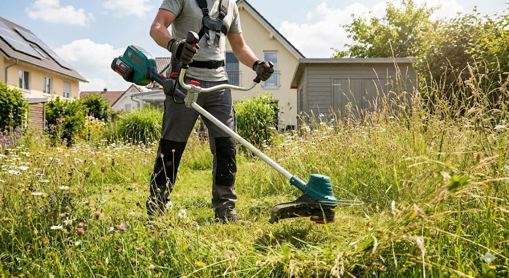 Débroussailleuse à batterie 36V Bosch coupant des herbes hautes dans un jardin résidentiel