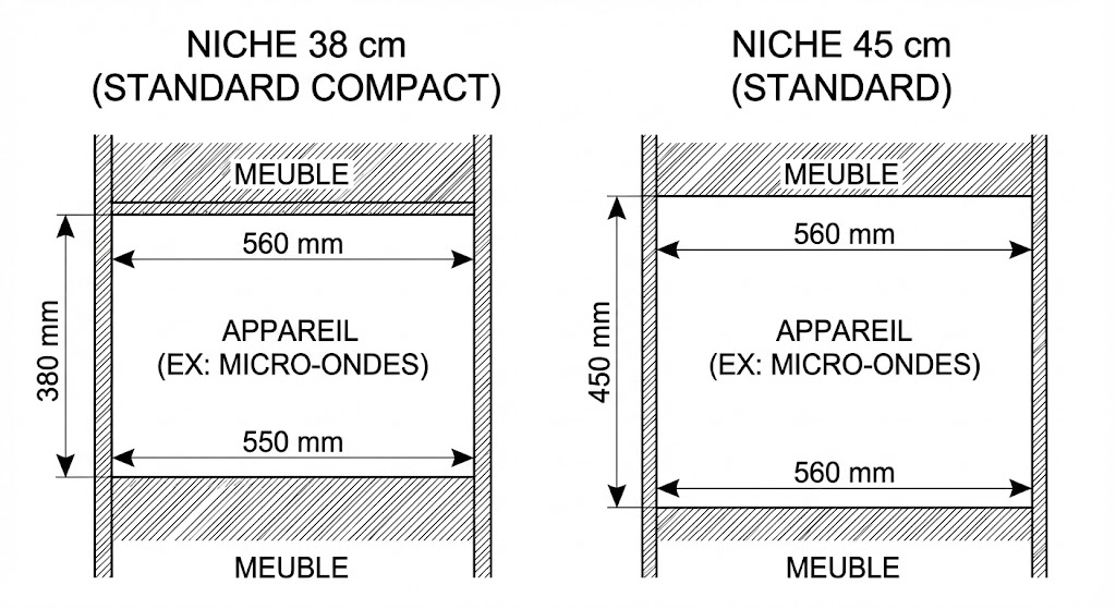 Dimensions niche encastrement micro-ondes 38 cm et 45 cm avec mesures hauteur largeur profondeur