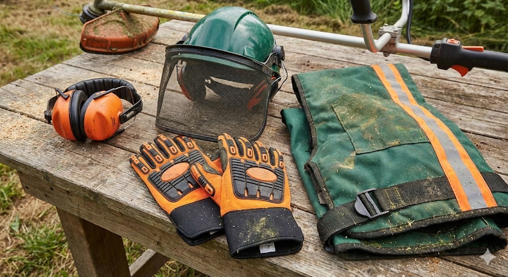 Équipement de protection pour débroussaillage : casque antibruit, visière grillagée, gants anti-vibration et jambières