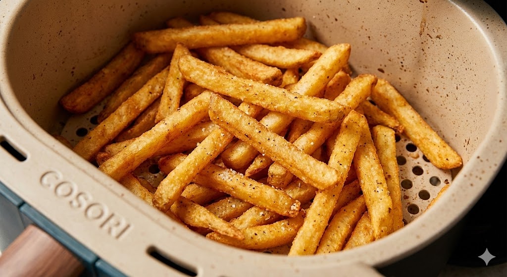 revêtement antiadhésif panier air fryer Cosori avec frites dorées croustillantes