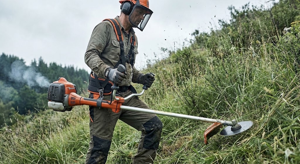 Paysagiste équipé d'un harnais double baudrier Husqvarna Balance XT utilisant une débroussailleuse thermique