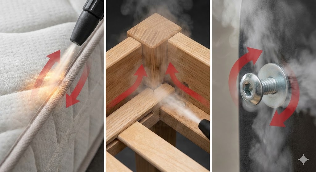 Triptyque de trois photographies en gros plan illustrant l'application de vapeur sur des zones de lit