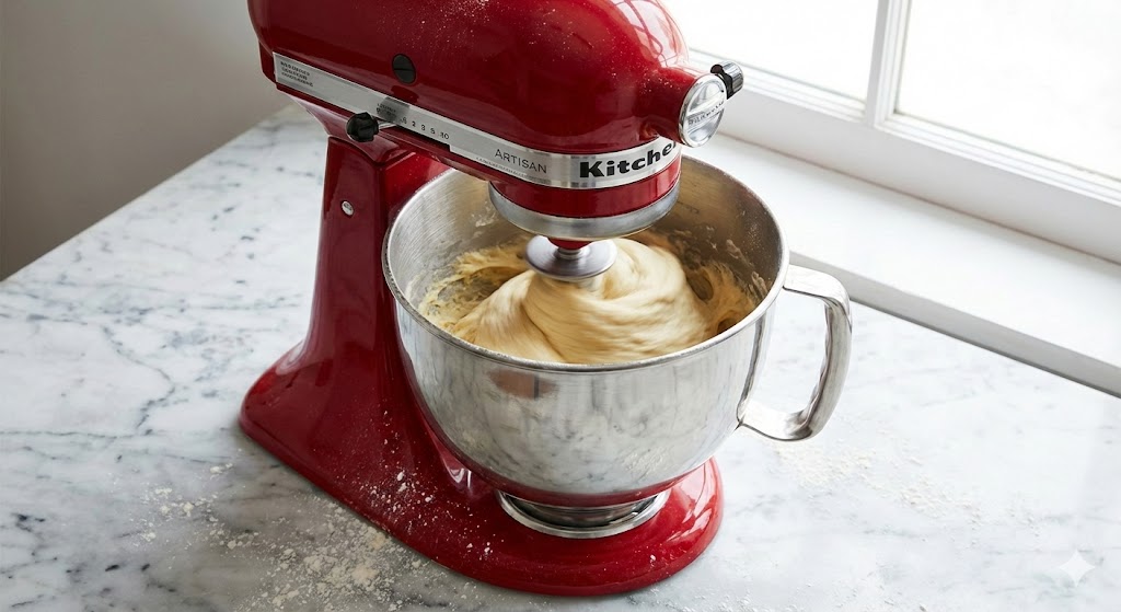 Robot pâtissier KitchenAid Artisan rouge pétrissant une pâte à brioche dans un bol inox sur plan de travail en marbre
