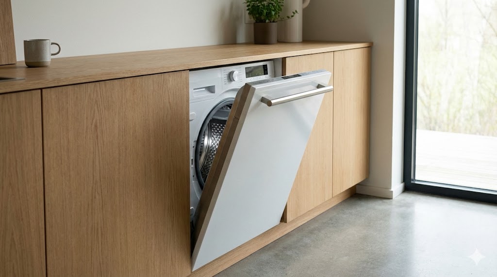 Lave-linge hublot Slim encastré sous plan de travail cuisine moderne hublot ouvert
