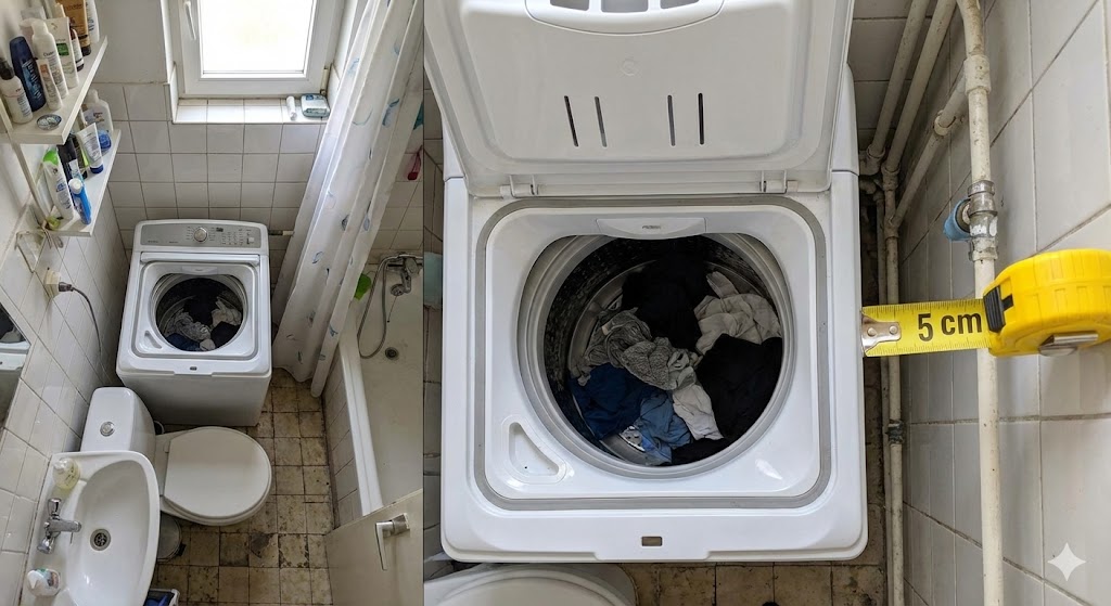 Lave-linge Top 40 cm installé dans petite salle de bain avec mètre ruban mesurant espace latéral