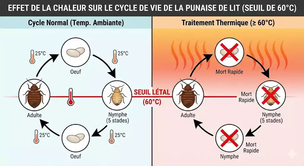 Infographie divisée en deux panneaux intitulée "EFFET DE LA CHALEUR SUR LE CYCLE DE VIE DE LA PUNAISE DE LIT (SEUIL DE 60°C)". Le panneau de gauche montre le cycle normal (œuf, nymphe, adulte) survivant à 25°C. Une ligne rouge centrale marque le "SEUIL LÉTAL (60°C)". Le panneau de droite, sous des vagues de chaleur (≥ 60°C), montre tous les stades barrés d'une croix rouge avec la mention "Mort Rapide", indiquant la fin du cycle.