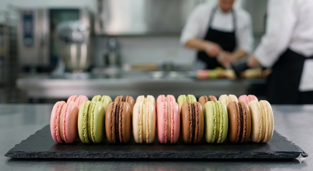Rangée de macarons français colorés parfaitement alignés sur un plateau de pâtissier professionnel