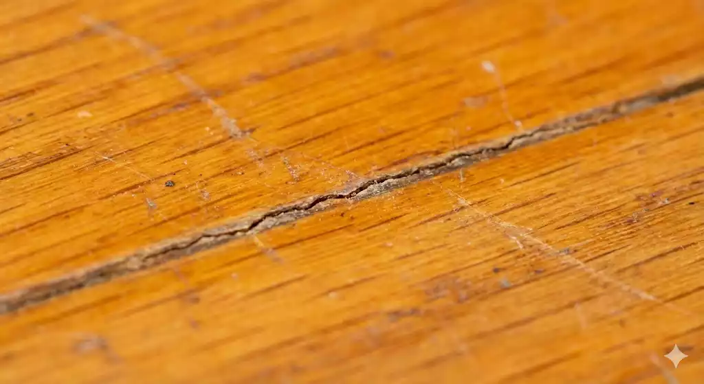 Gros plan macro détaillé montrant une fissure profonde et encrassée courant le long de la jointure entre deux lames de parquet en bois de chêne usé, avec des rayures et un vernis abîmé