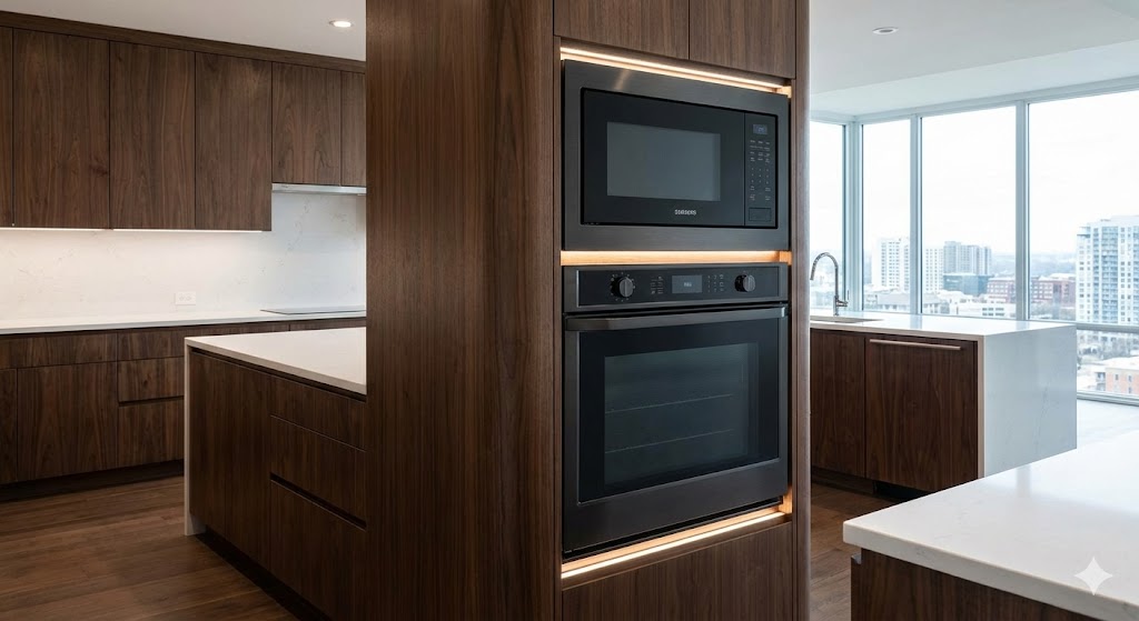 Micro-ondes encastrable Samsung installé dans une colonne de cuisine blanche avec four Bosch assorti