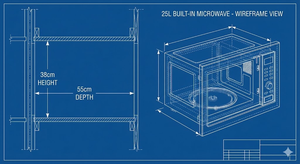 Schéma technique montrant une niche d'encastrement de cuisine standard avec les cotes de 38 cm de hauteur et 55 cm de profondeur, comparée aux dimensions d'un micro-ondes 25L.
