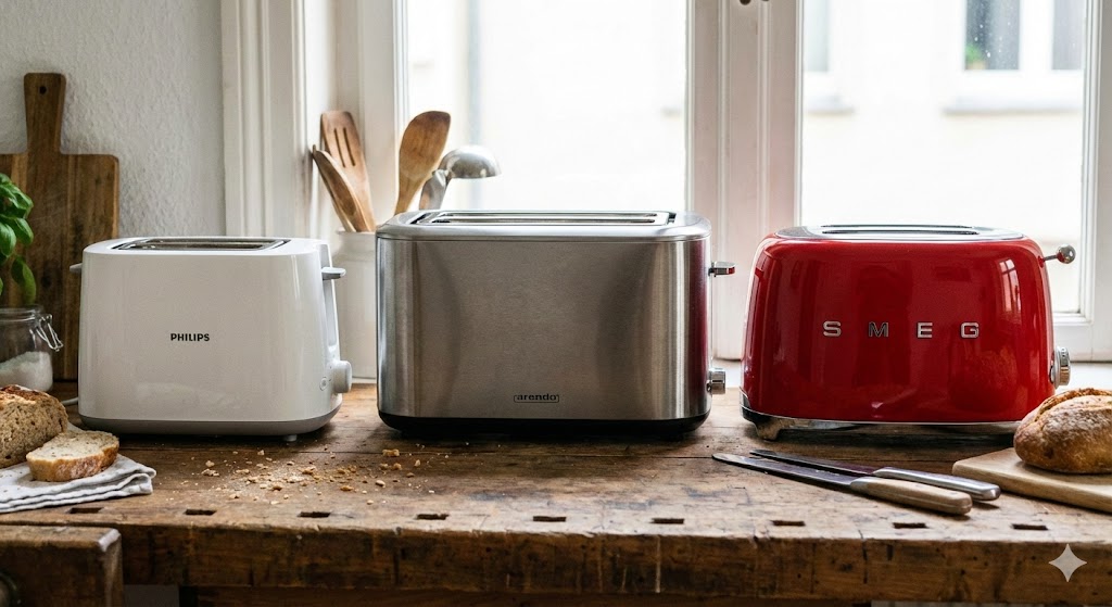Trois grille-pains côte à côte sur un plan de travail en bois : Philips Daily blanc, Arendo XL inox, et Smeg rouge vintage