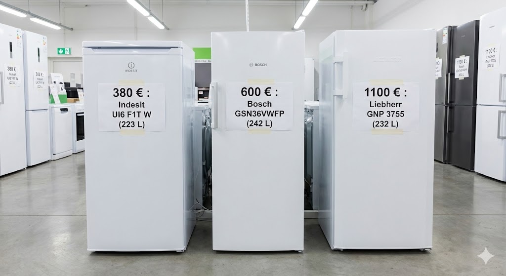 Congélateurs coffre et armoire différentes marques alignés avec étiquettes prix