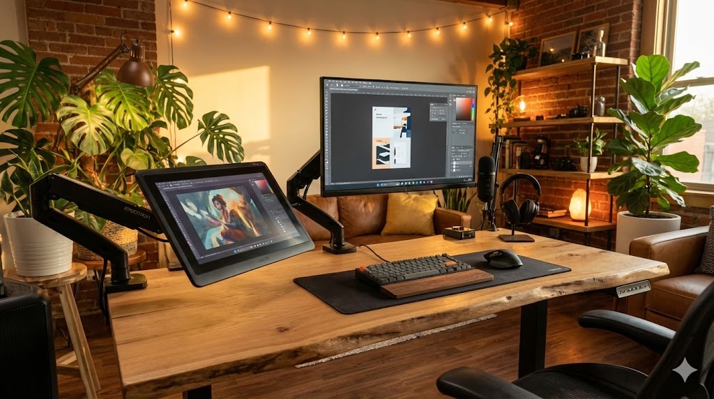 Bureau d'artiste organisé avec grand moniteur principal et tablette écran sur bras articulé