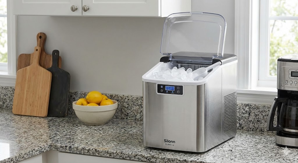 Machine à glaçons Silonn SLIM01-U sur plan de travail cuisine avec bac rempli glaçons