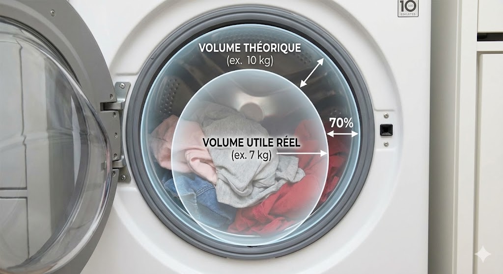 Tambour lave-linge ouvert vue intérieure comparaison capacité réelle vs annoncée
