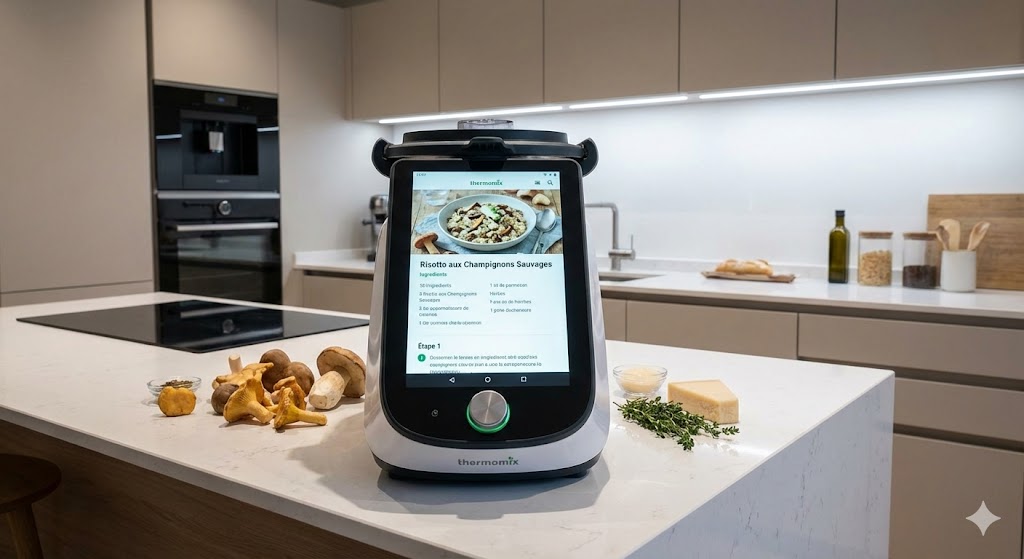 Robot cuiseur Thermomix TM7 sur plan de travail avec écran tactile affichant recette guidée
