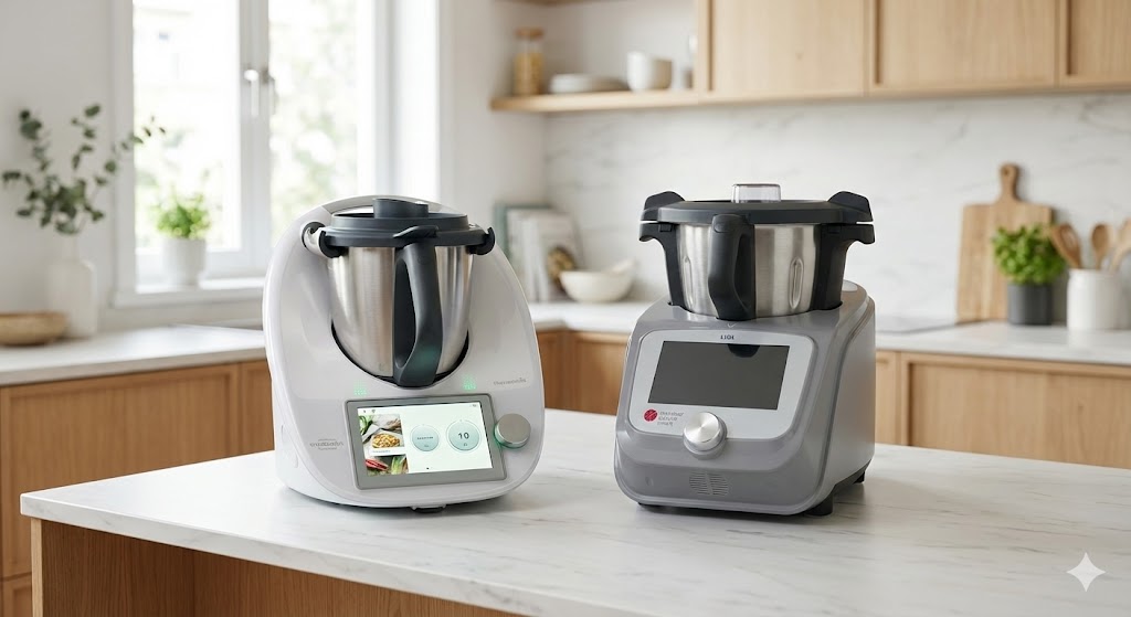 Thermomix TM6 blanc et Monsieur Cuisine Smart gris posés côte à côte sur un plan de travail de cuisine moderne