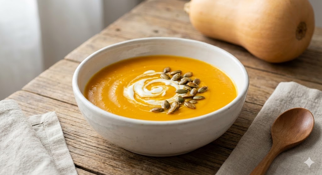 Velouté de butternut orange crémeux servi dans un bol blanc avec graines de courge et crème fraîche