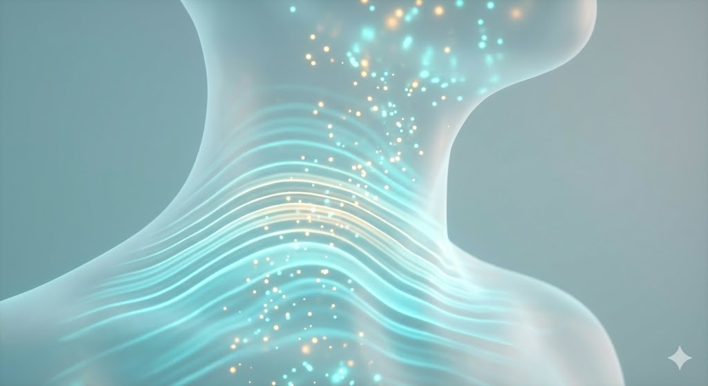 Rendu visuel d'ondes douces se propageant sur la peau du cou, symbolisant l'effet anesthésiant de la vibration sans pression mécanique