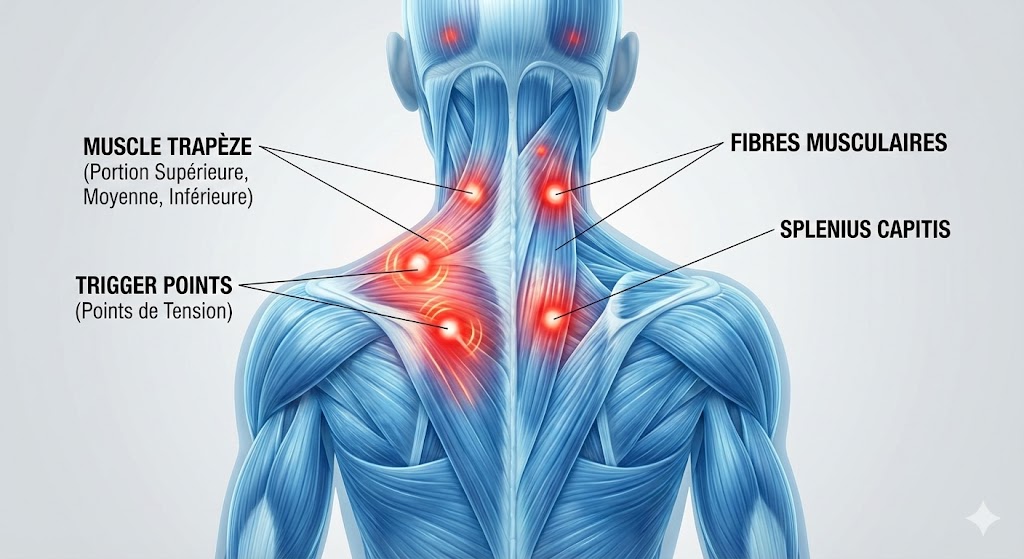 e 1 — Anatomie des tensions cervicales
Alt : Illustration médicale montrant les trapèzes et les muscles du cou avec des zones de tension rouge vif (nœuds) contrastant avec les fibres musculaires saines.