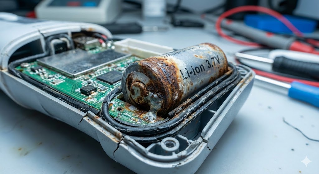 Vue éclatée d'un hydropulseur portable montrant une batterie lithium oxydée impossible à remplacer