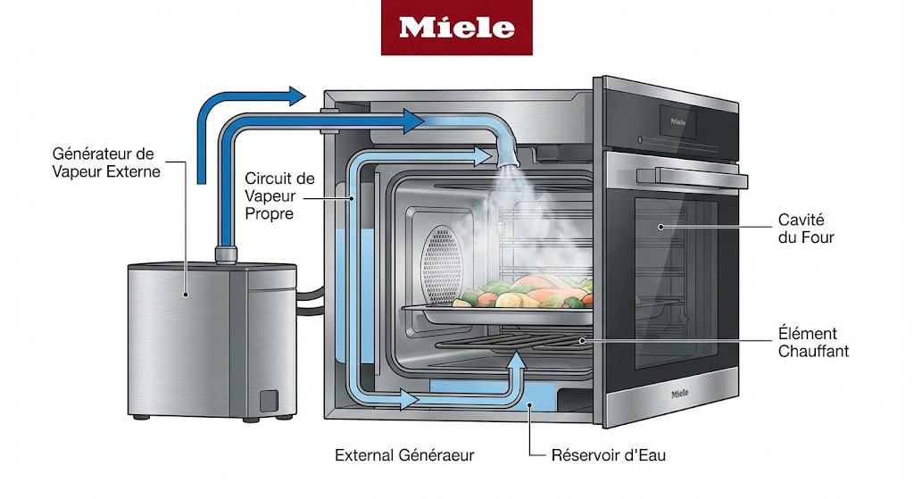 Schéma technique d'un four vapeur Miele avec chaudière externe séparée de la cavité