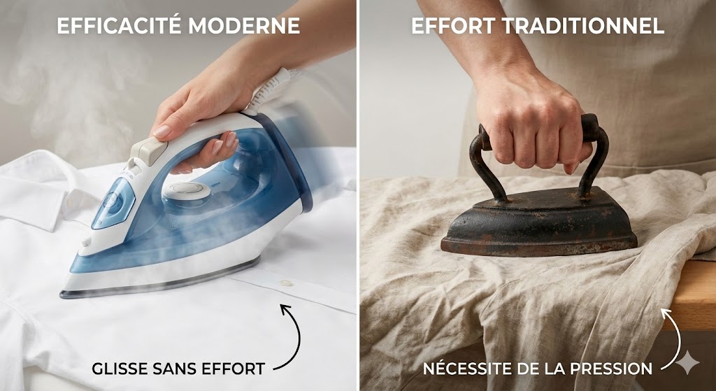 Main tenant un fer à repasser glissant sans effort sur une chemise blanche, comparé à une main crispée sur un vieux fer