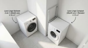 Lire la suite à propos de l’article Lave-Linge Séchant 2-en-1 : Compact 45 cm + Étendoir Gagne 0.11 m²