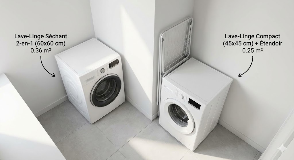 Vue aérienne d'un studio montrant un lave-linge séchant blanc de 60 cm à côté d'un lave-linge compact 45 cm avec étendoir vertical