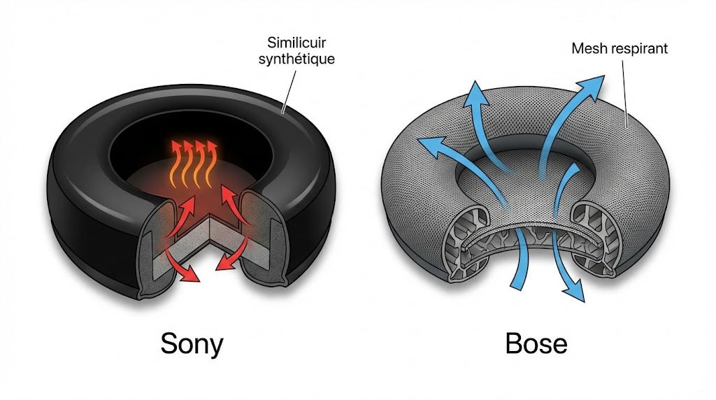 Coupe transversale coussinets casque audio montrant similicuir Sony versus textile maillé respirant Bose QuietComfort