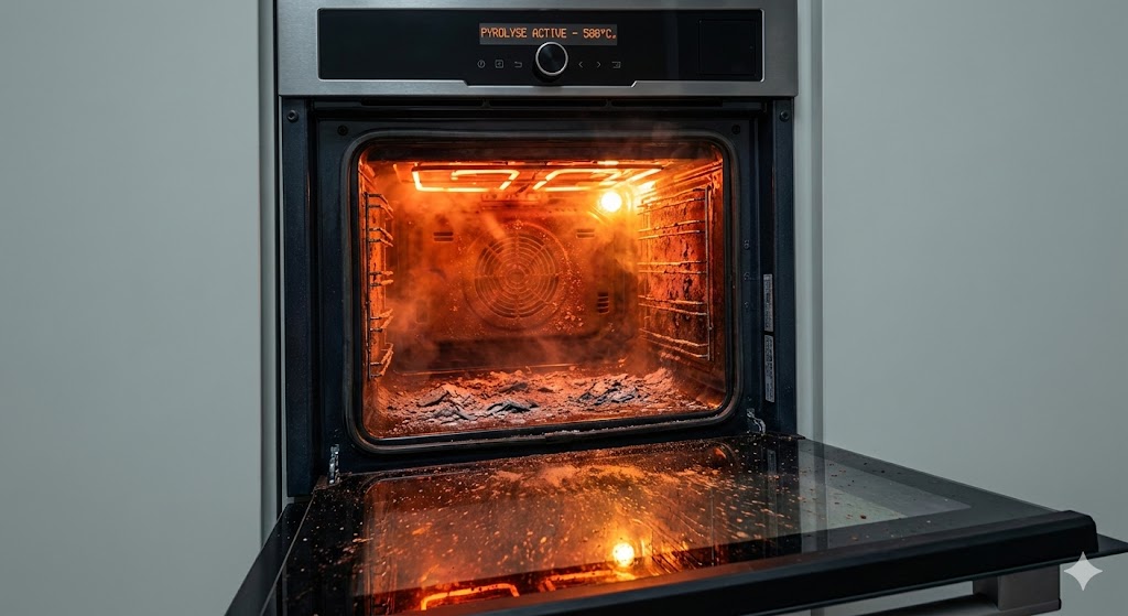 Four en mode pyrolyse à 500°C carbonisant les graisses incrustées en cendres grises
