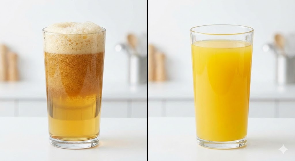 Deux verres de jus de pomme côte à côte, l'un brun et séparé, l'autre jaune vif et homogène