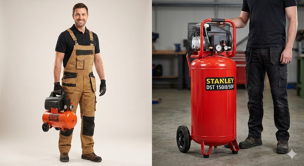 Compresseur compact Black Decker 6L tenu d'une main versus gros compresseur Stanley 50L sur roulettes en atelier
