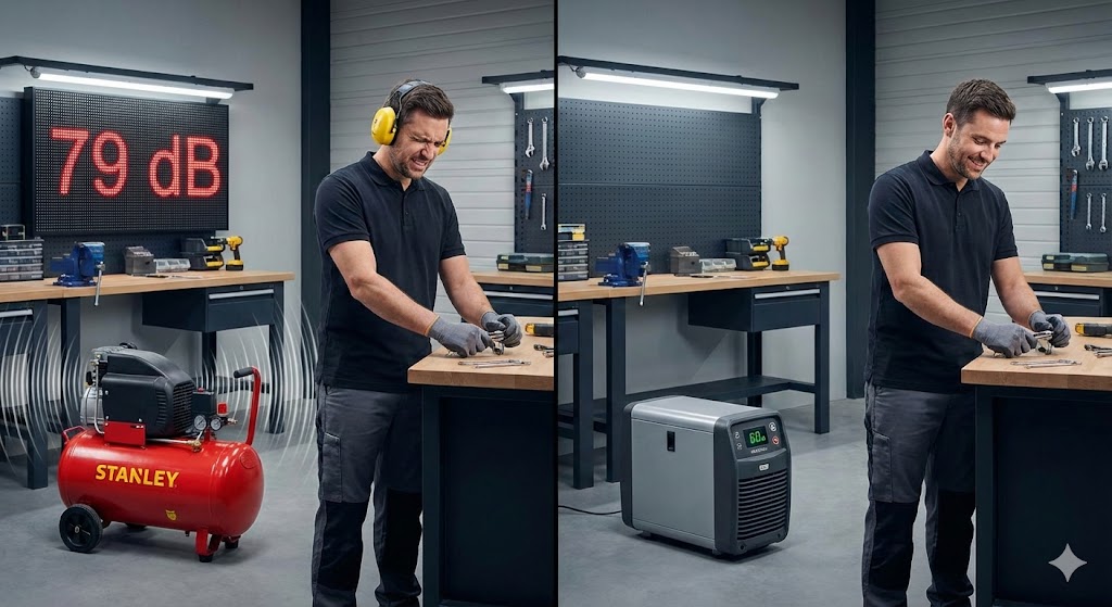 Technicien portant casque anti-bruit devant compresseur bruyant 79 dB versus travail serein avec modèle silencieux 60 dB