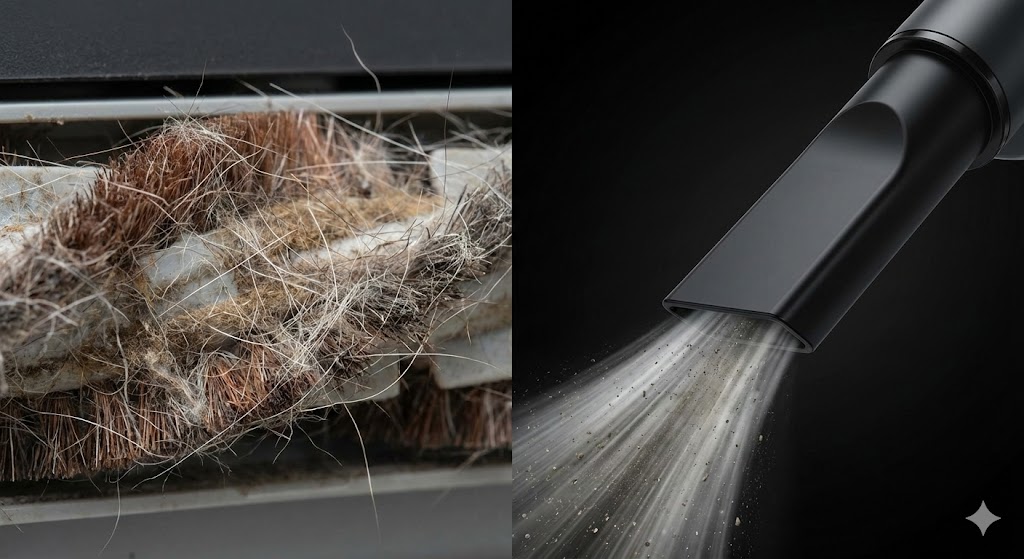 une brosse aspirateur saturée de poils à gauche et une buse d'aspiration directe propre à droite