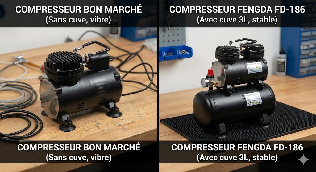 Juxtaposition d'un petit compresseur plastique vibrant et d'un compresseur métallique robuste avec cuve noire