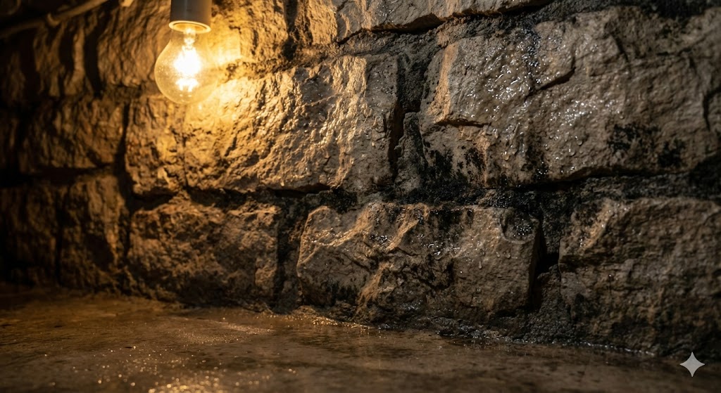 Mur de cave en pierre humide avec condensation visible et traces de moisissure nécessitant un déshumidificateur puissant